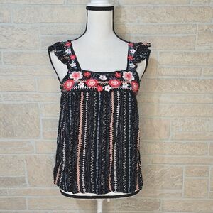 SAVANNA JANE FLORAL TANK Ruffle Strap Embroidered Black